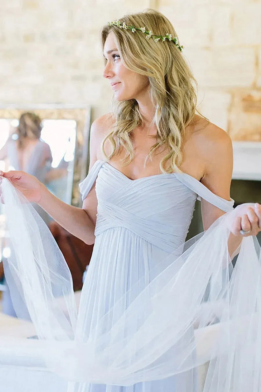 Light Blue A-Line Off the Shoulder Long Chiffon Boho Bridesmaid Dress