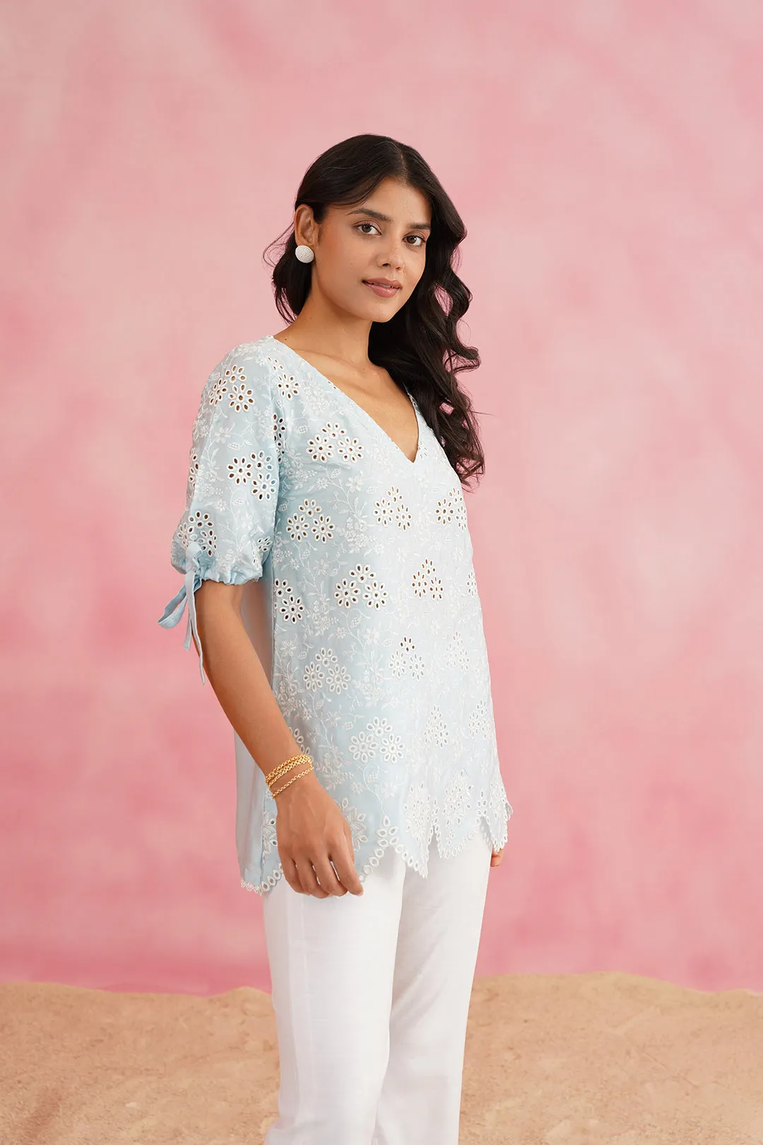 Light Blue Embroidered Top