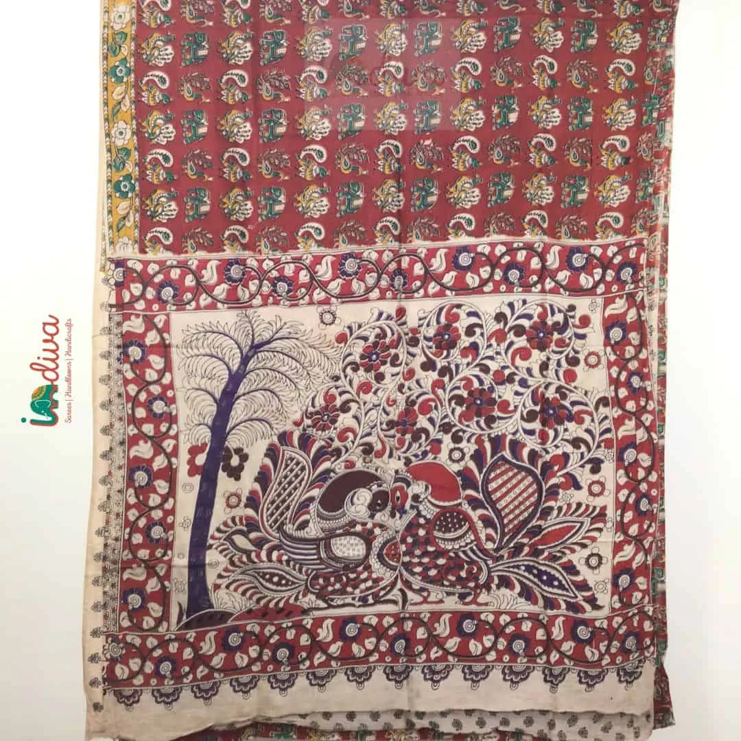 Maroon Chennur Silk Kalamkari Saree With Peacock Prints