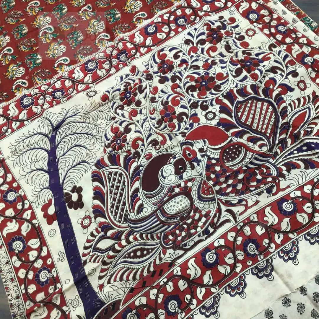 Maroon Chennur Silk Kalamkari Saree With Peacock Prints