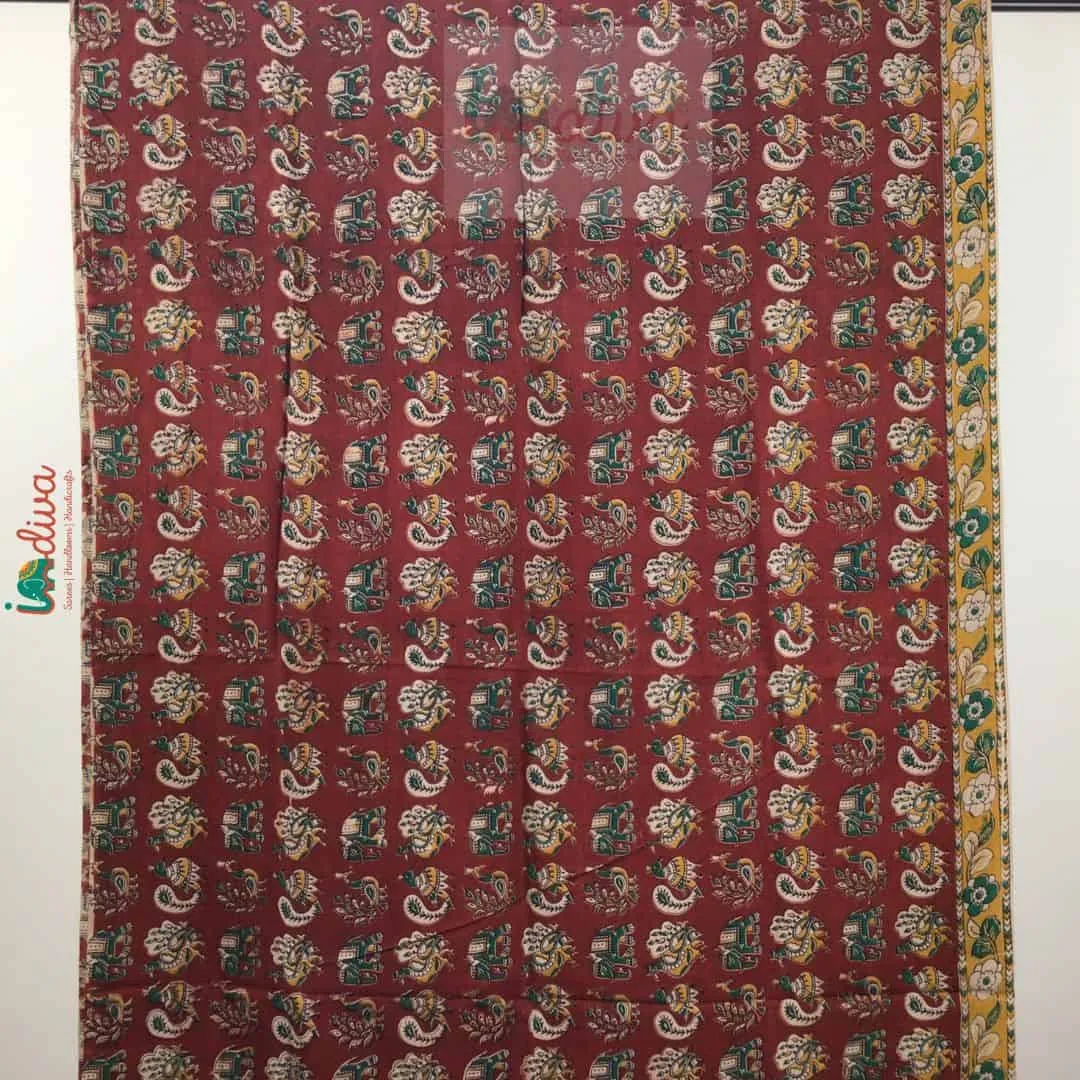 Maroon Chennur Silk Kalamkari Saree With Peacock Prints