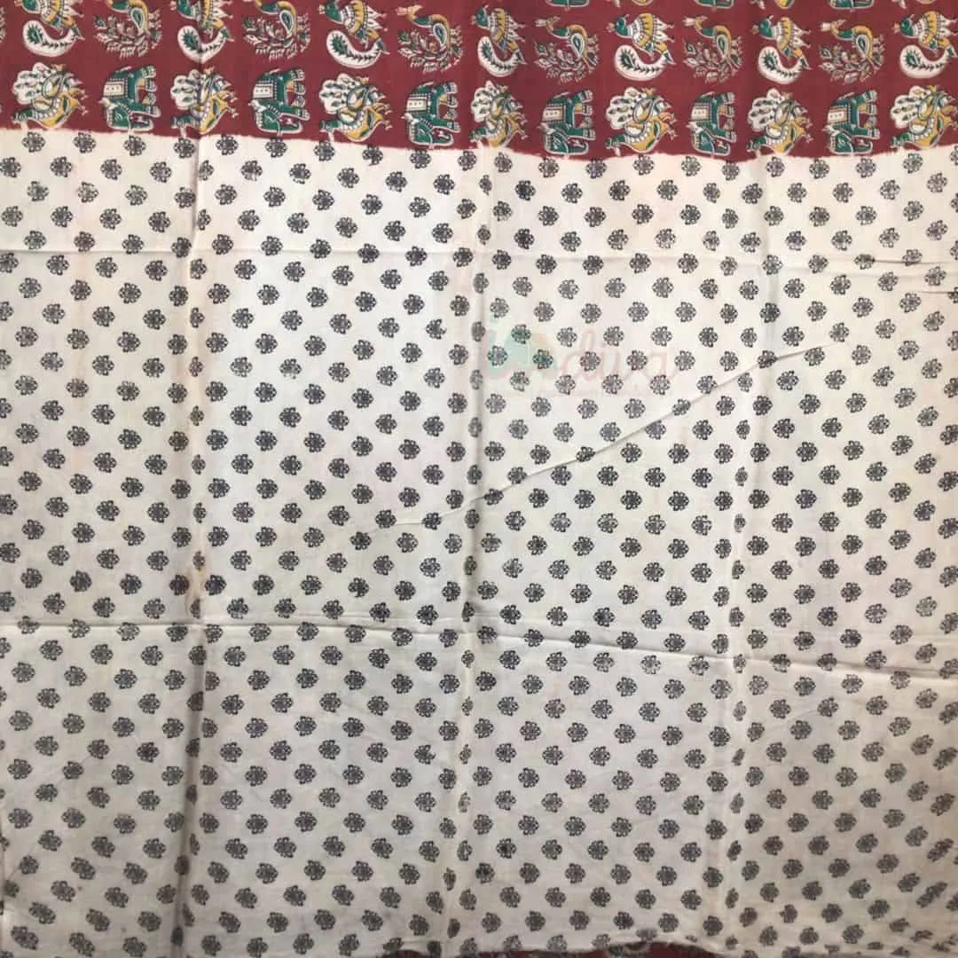 Maroon Chennur Silk Kalamkari Saree With Peacock Prints