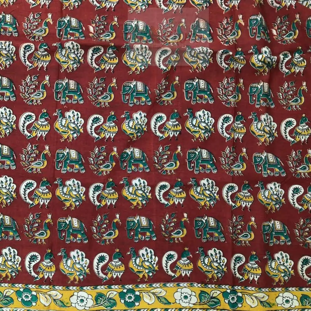 Maroon Chennur Silk Kalamkari Saree With Peacock Prints
