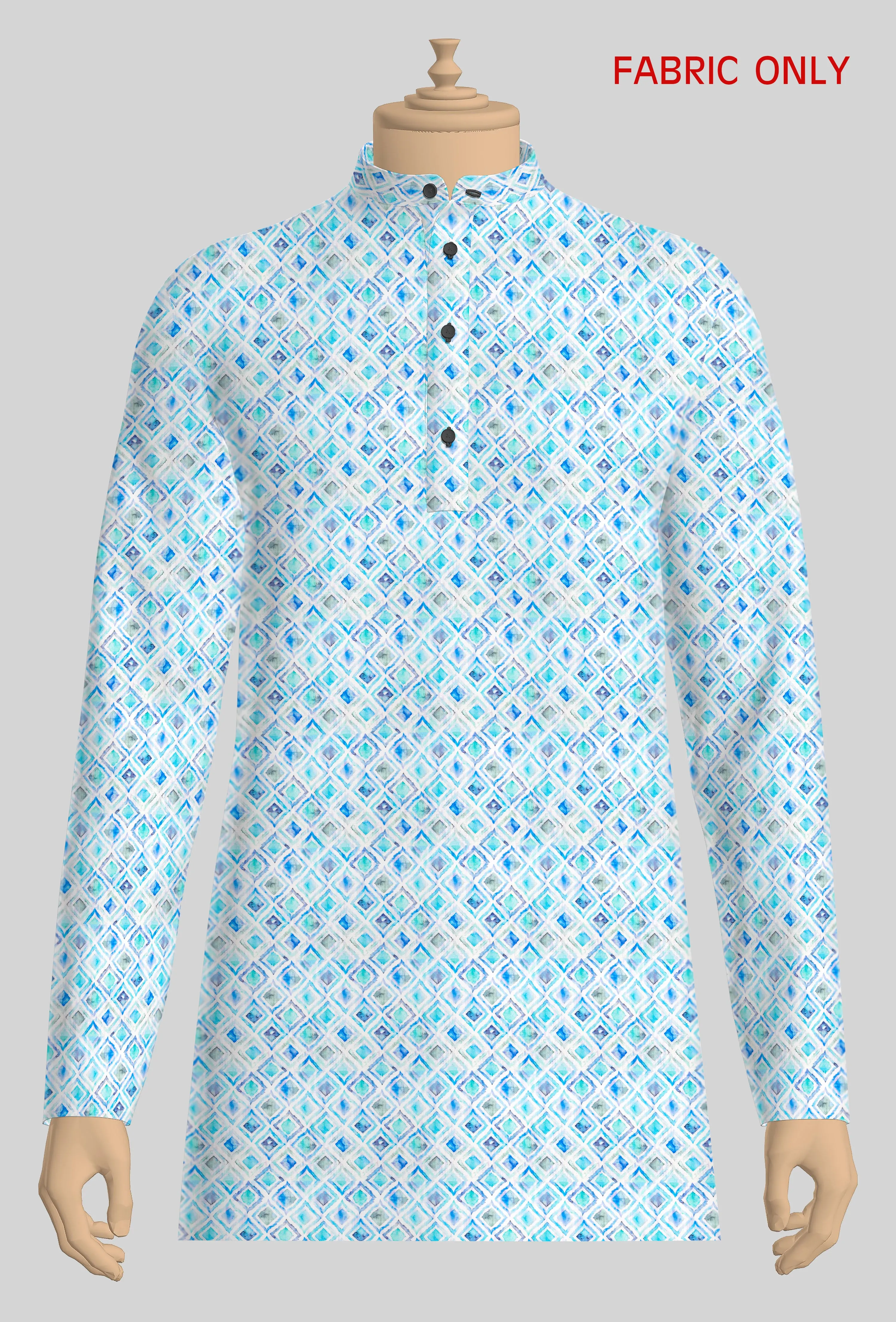 Men Cotton Printed Kurta Fabric SkyBlue Hanhai