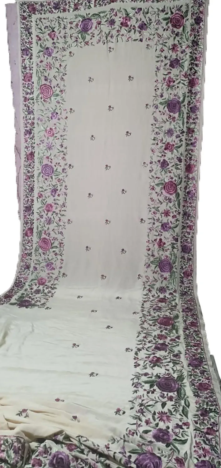 Off White Parsi Gara Hand Embroidered Pure Crepe Saree