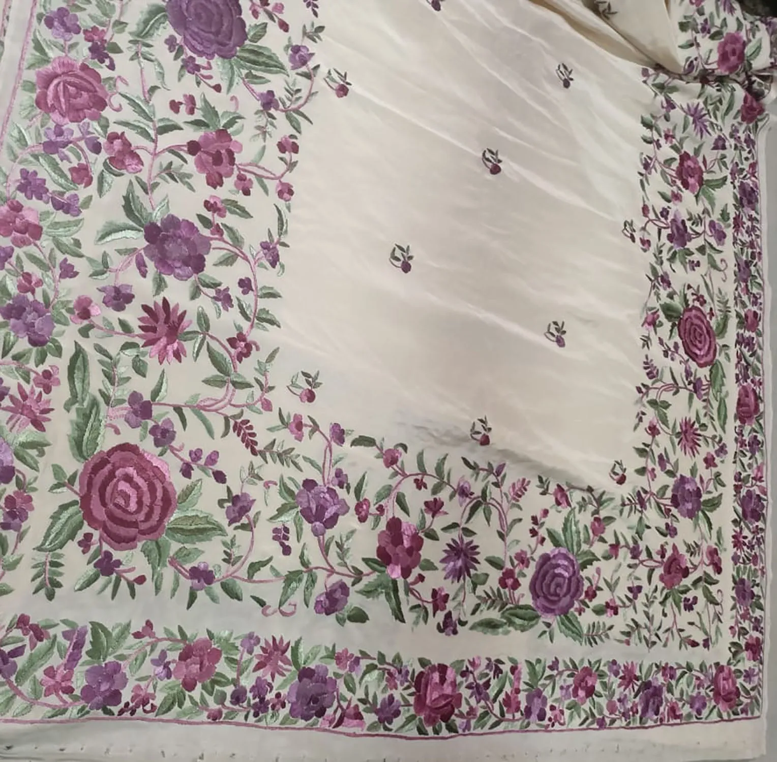 Off White Parsi Gara Hand Embroidered Pure Crepe Saree