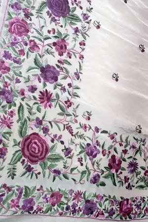 Off White Parsi Gara Hand Embroidered Pure Crepe Saree