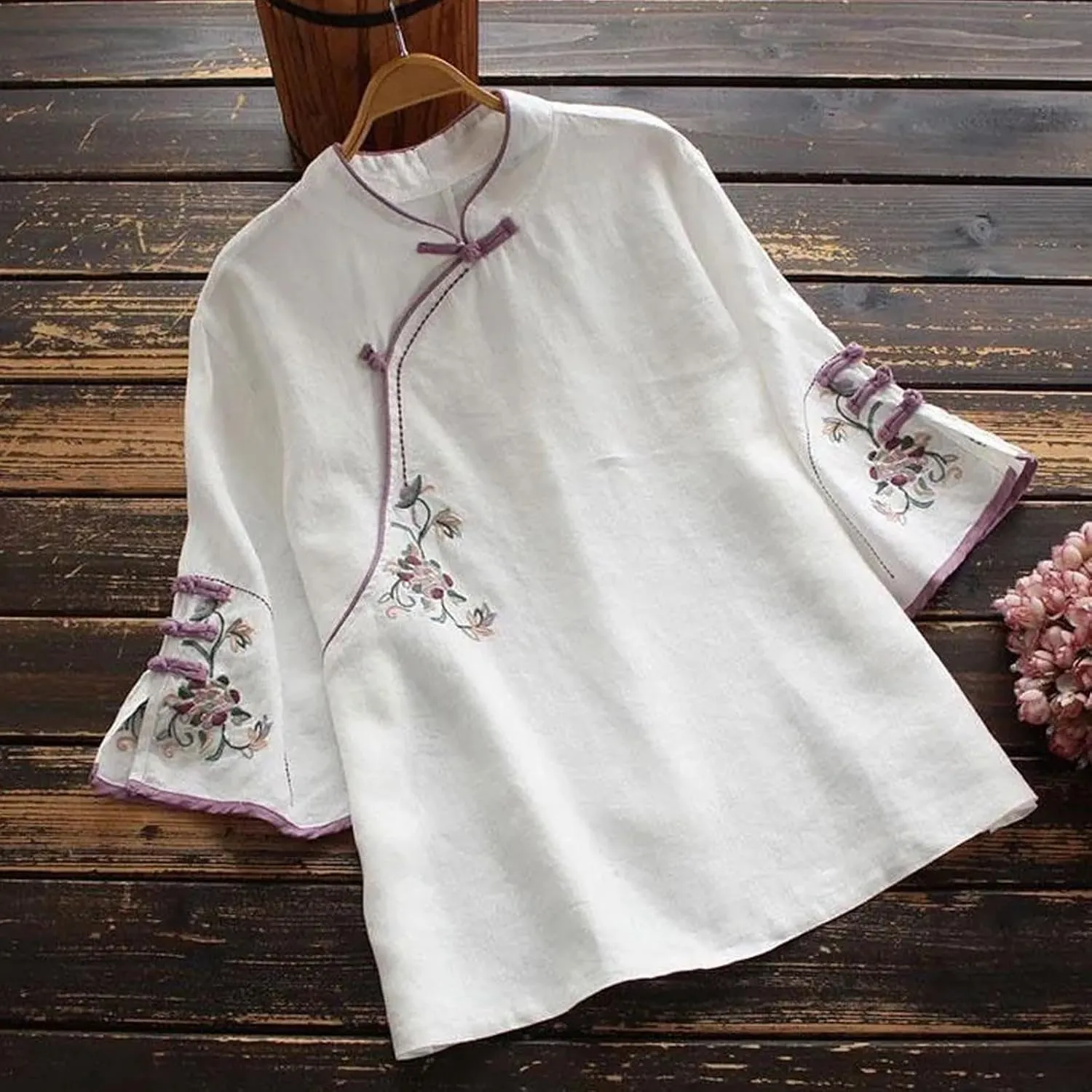 Plus Size Linen Tops Summer 3/4 Sleeve Chinese Frog Blouses Traditional Mandarin Embroidered Jacquard Shirts