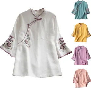 Plus Size Linen Tops Summer 3/4 Sleeve Chinese Frog Blouses Traditional Mandarin Embroidered Jacquard Shirts