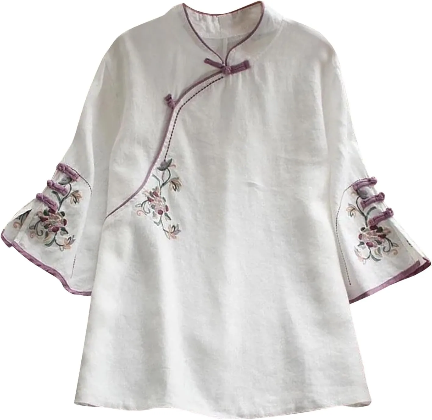 Plus Size Linen Tops Summer 3/4 Sleeve Chinese Frog Blouses Traditional Mandarin Embroidered Jacquard Shirts