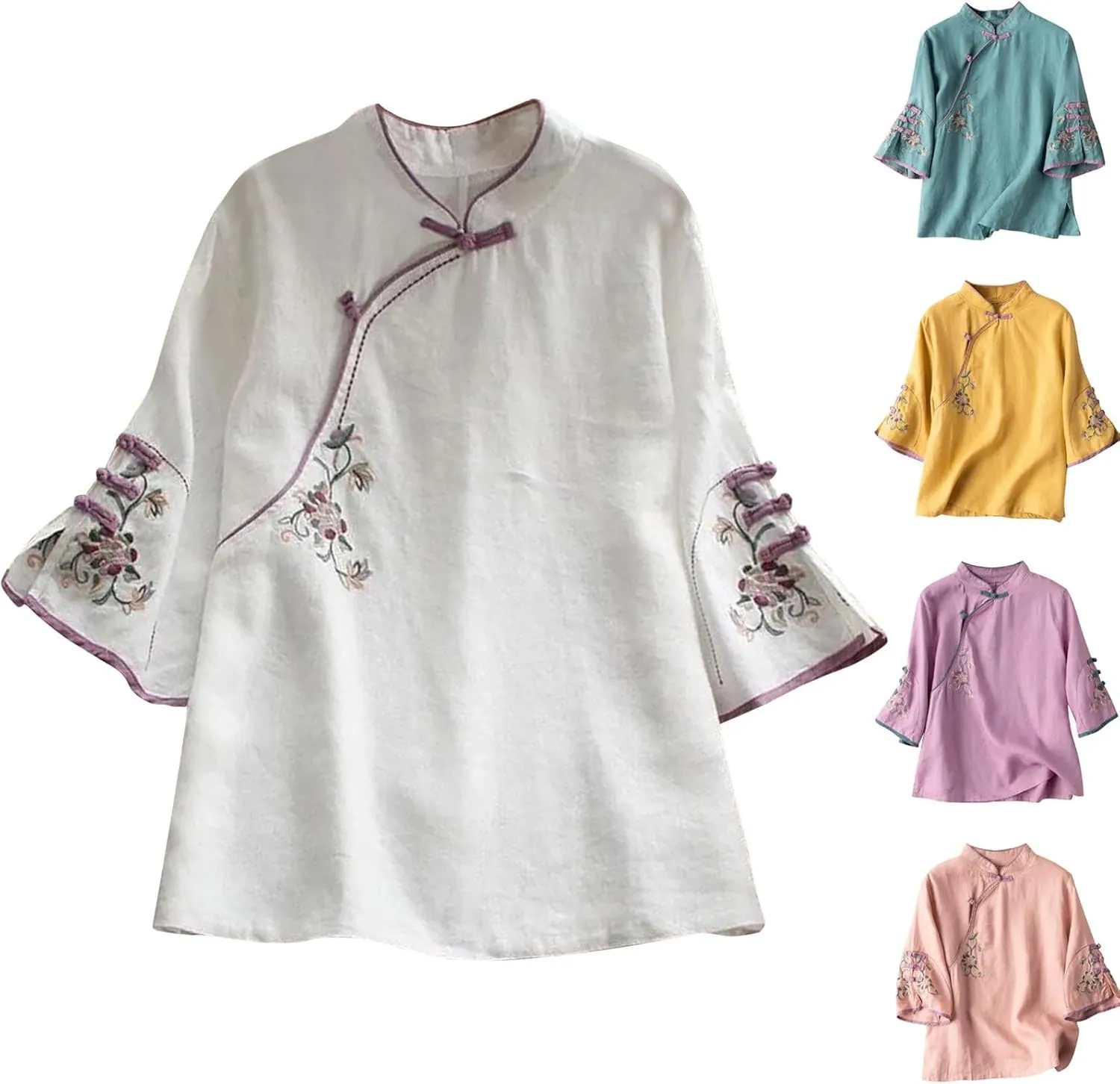 Plus Size Linen Tops Summer 3/4 Sleeve Chinese Frog Blouses Traditional Mandarin Embroidered Jacquard Shirts