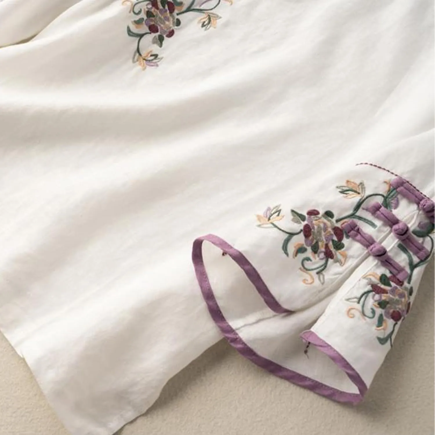 Plus Size Linen Tops Summer 3/4 Sleeve Chinese Frog Blouses Traditional Mandarin Embroidered Jacquard Shirts