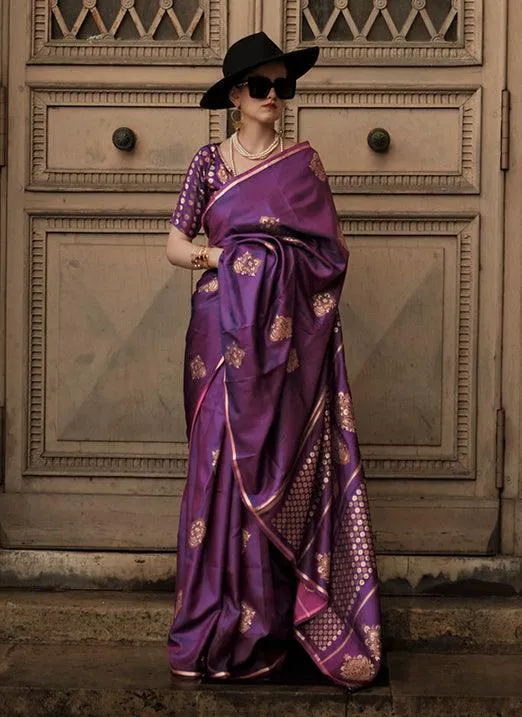 Purple Pure Satin Handloom Weaved Saree from Paris Edition
