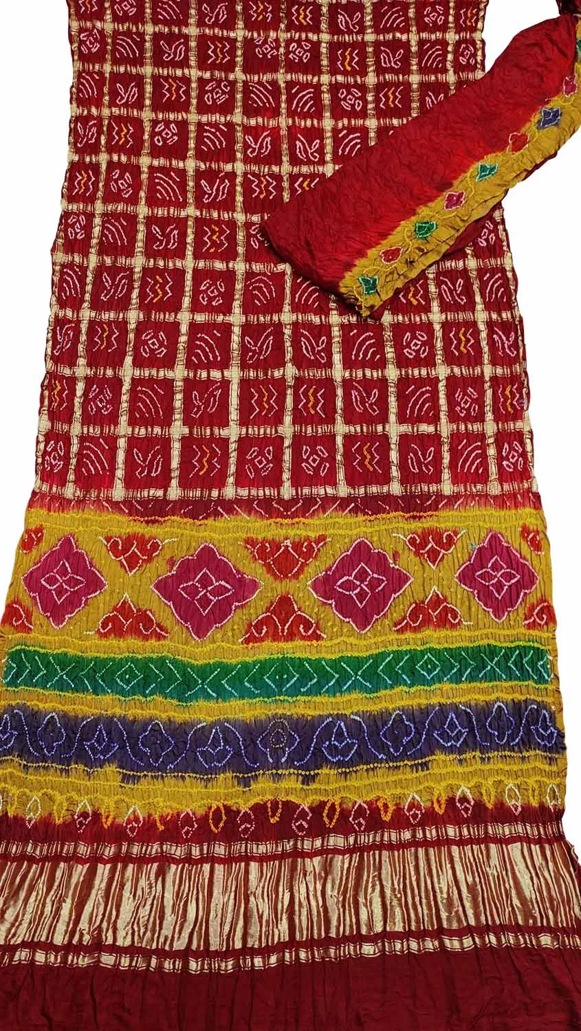 Red Bandhani Pure Gajji Silk Gharchola Saree With Multicolor Pallu