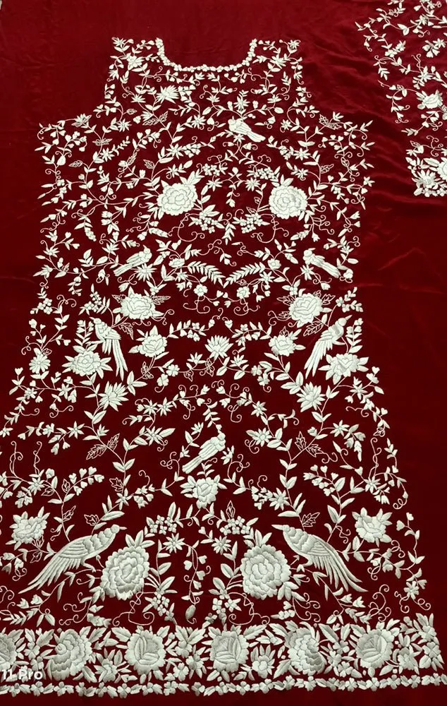 Red Hand Embroidered Parsi Work Pure Crepe Unstitched Jacket