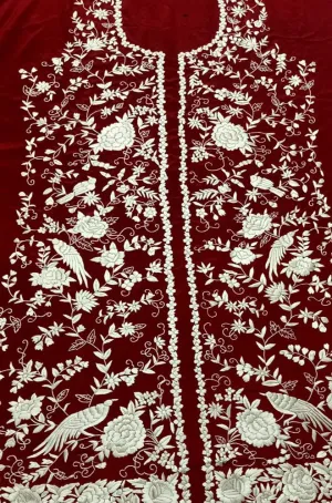 Red Hand Embroidered Parsi Work Pure Crepe Unstitched Jacket