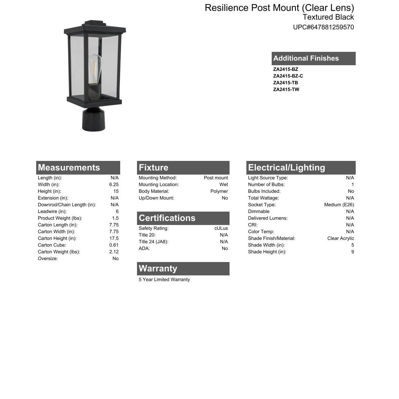 Resilience 1 Light Post Mount in Textured Black