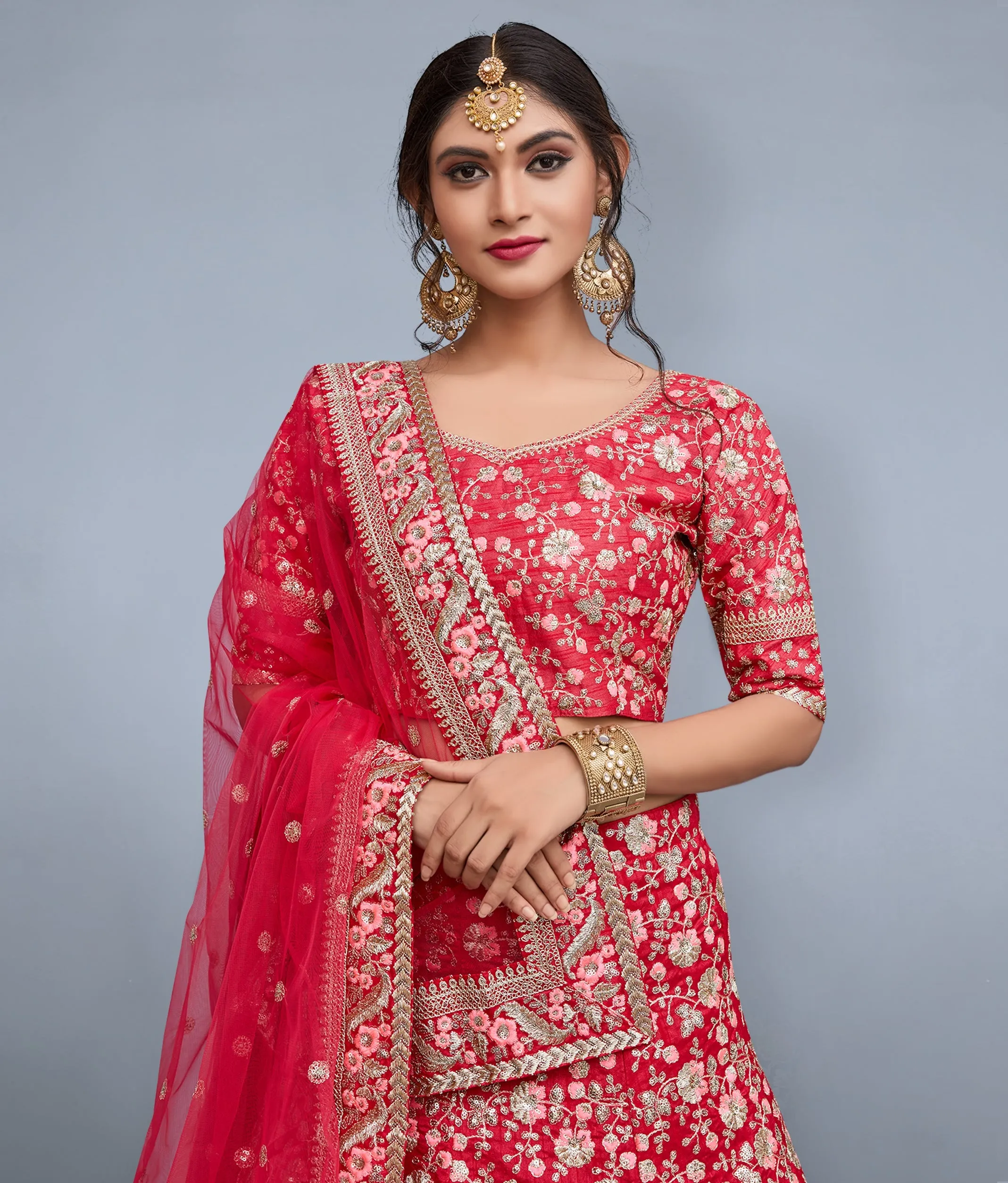 Rose-Pink Art Silk Lehenga Choli With Mughal Motif Stone Dori Work And Designer Dupatta