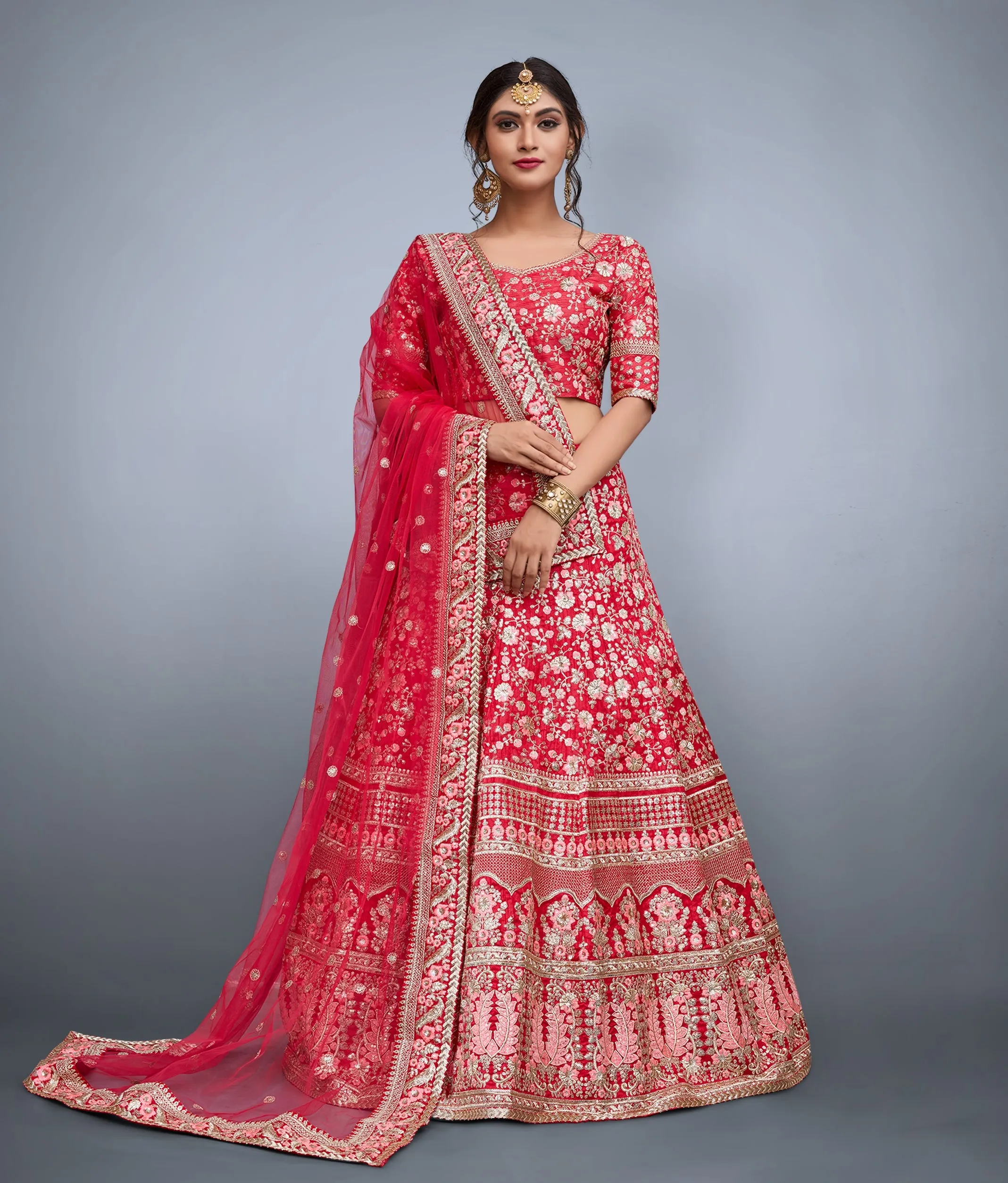 Rose-Pink Art Silk Lehenga Choli With Mughal Motif Stone Dori Work And Designer Dupatta