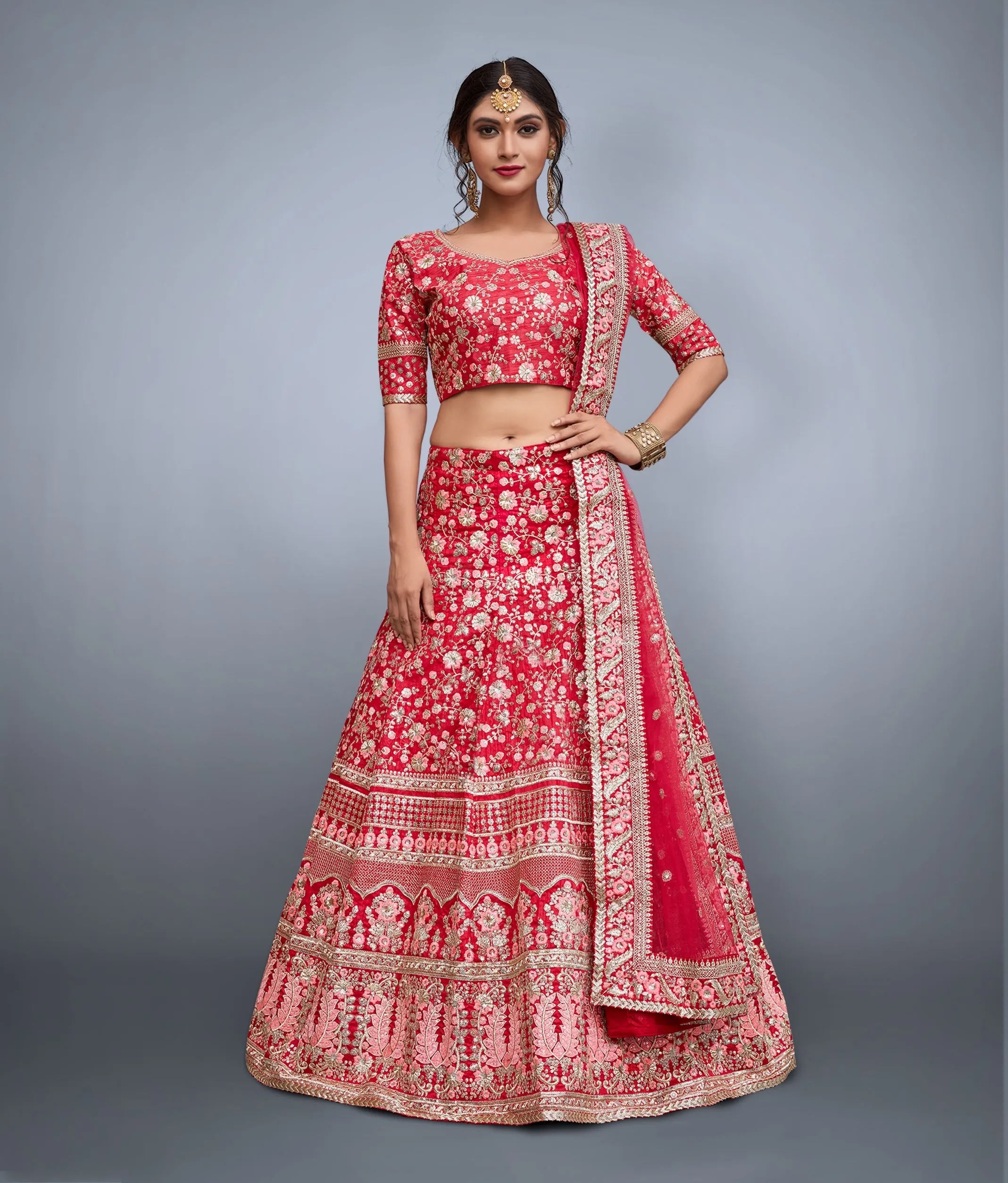 Rose-Pink Art Silk Lehenga Choli With Mughal Motif Stone Dori Work And Designer Dupatta
