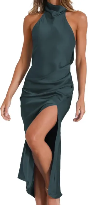 Satin Halter Backless Silt Midi Dress for Women 2024 Elegant Formal High Neck Cowl Back Silk Wedding Guest Sexy Dresses