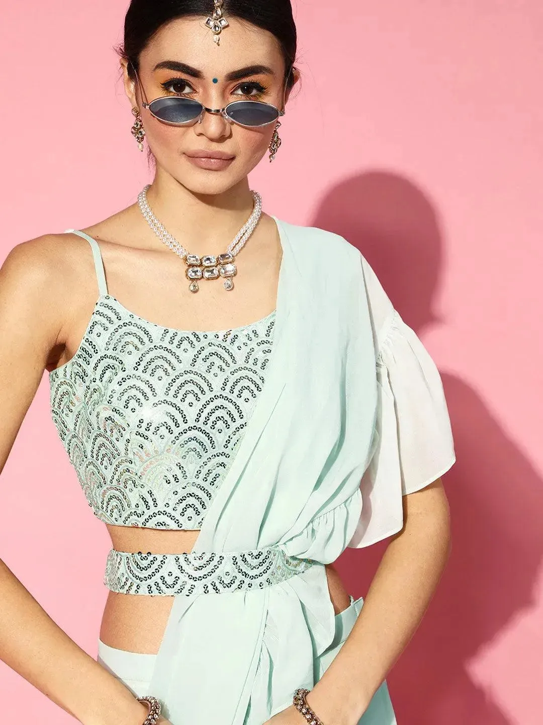 Sea Green Embellished Ready to Wear Saree