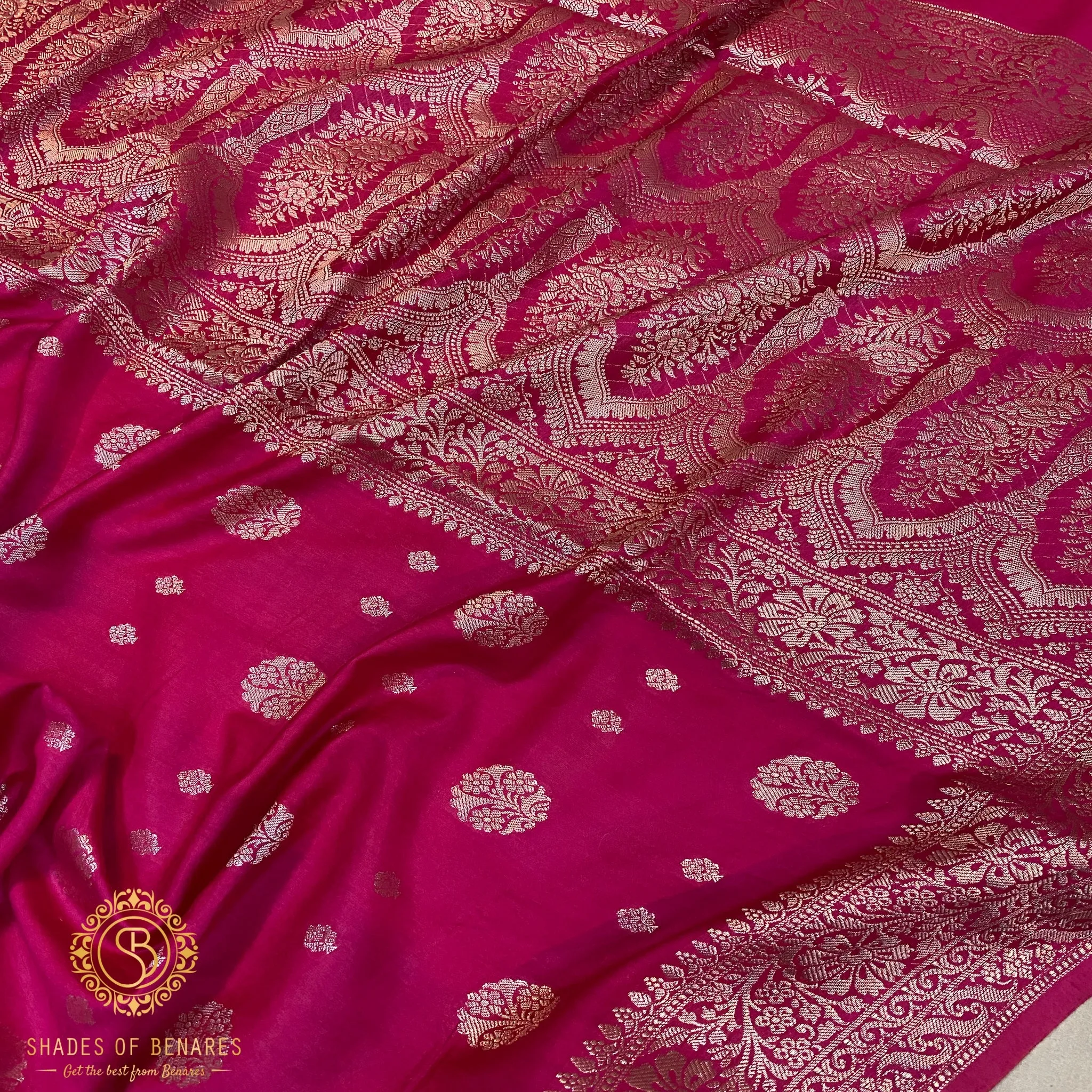 Sensational Hot Pink Handloom Crepe Banarasi Silk Sari