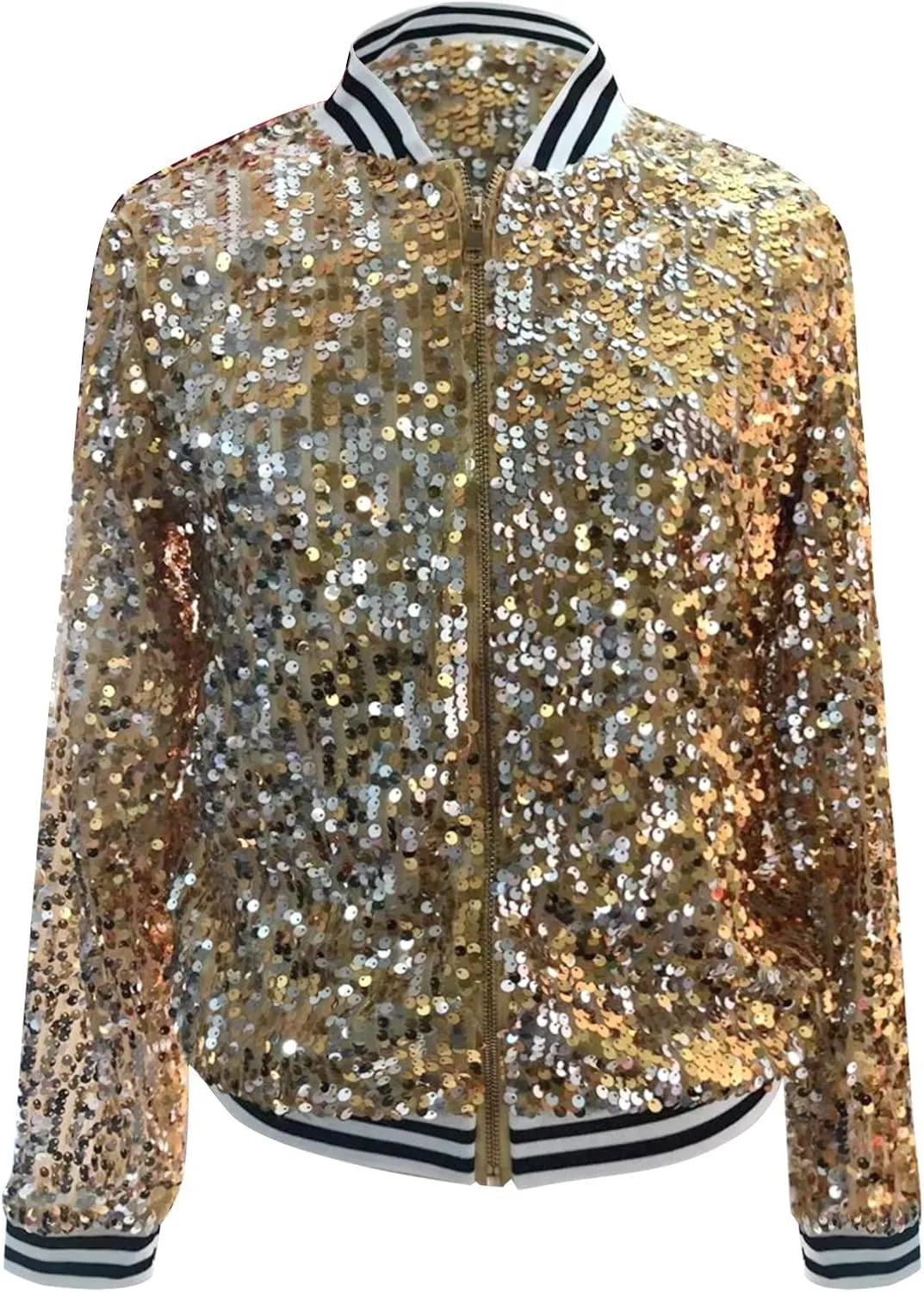 Sequin Bomber Jacket for Women Casual Long Sleeve Zip Up Cardigan Top Shiny Sparkle Mardi Gras Party Festival Outfits