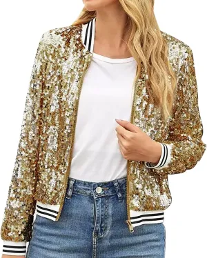 Sequin Bomber Jacket for Women Casual Long Sleeve Zip Up Cardigan Top Shiny Sparkle Mardi Gras Party Festival Outfits