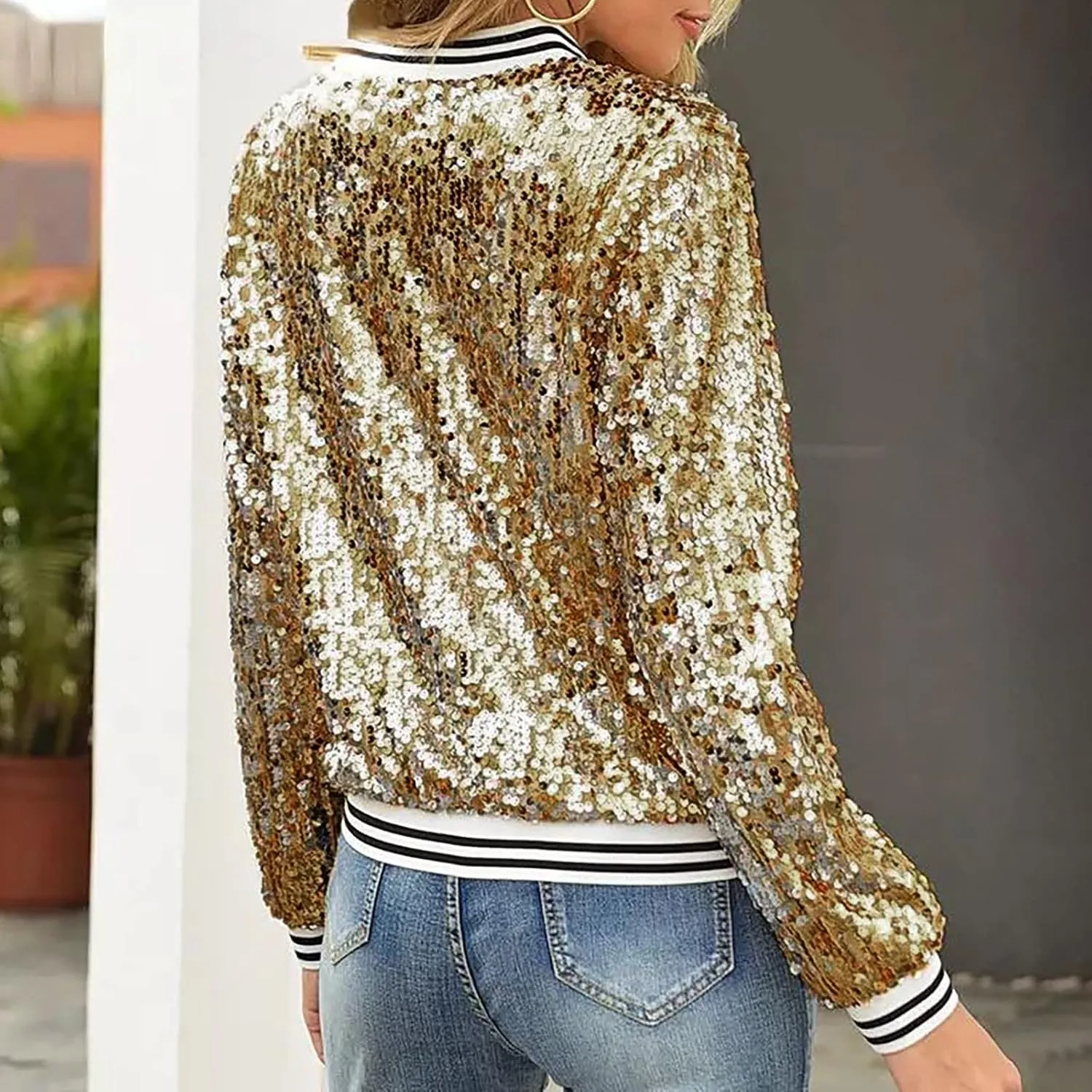 Sequin Bomber Jacket for Women Casual Long Sleeve Zip Up Cardigan Top Shiny Sparkle Mardi Gras Party Festival Outfits
