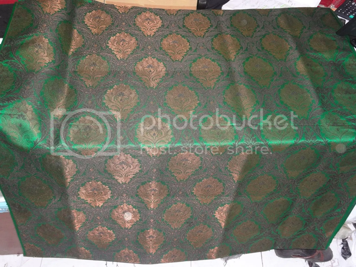 SILK BROCADE FABRIC Green,Black &amp; Metallic Bronze color