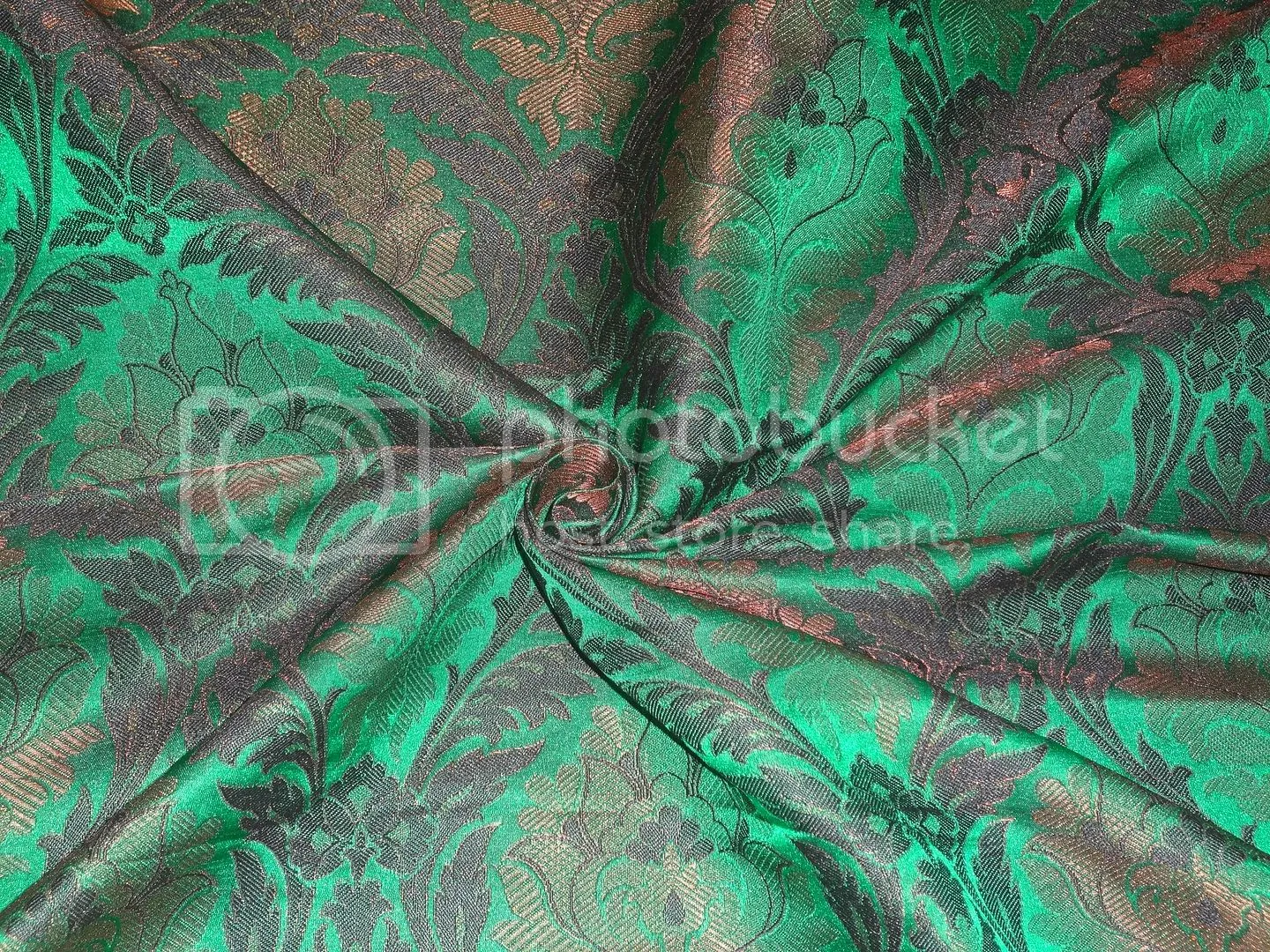 SILK BROCADE FABRIC Green,Black &amp; Metallic Bronze color