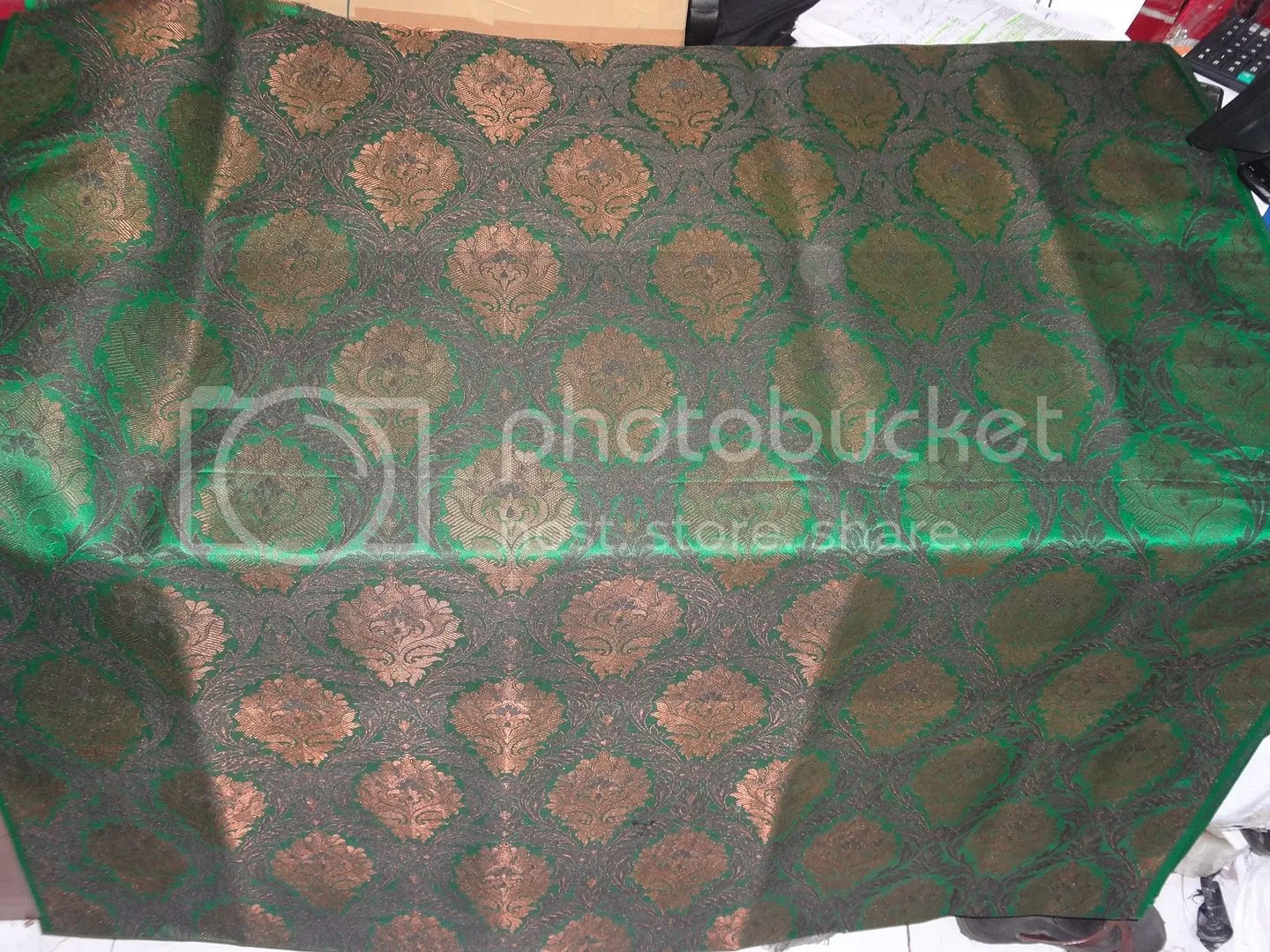 SILK BROCADE FABRIC Green,Black &amp; Metallic Bronze color