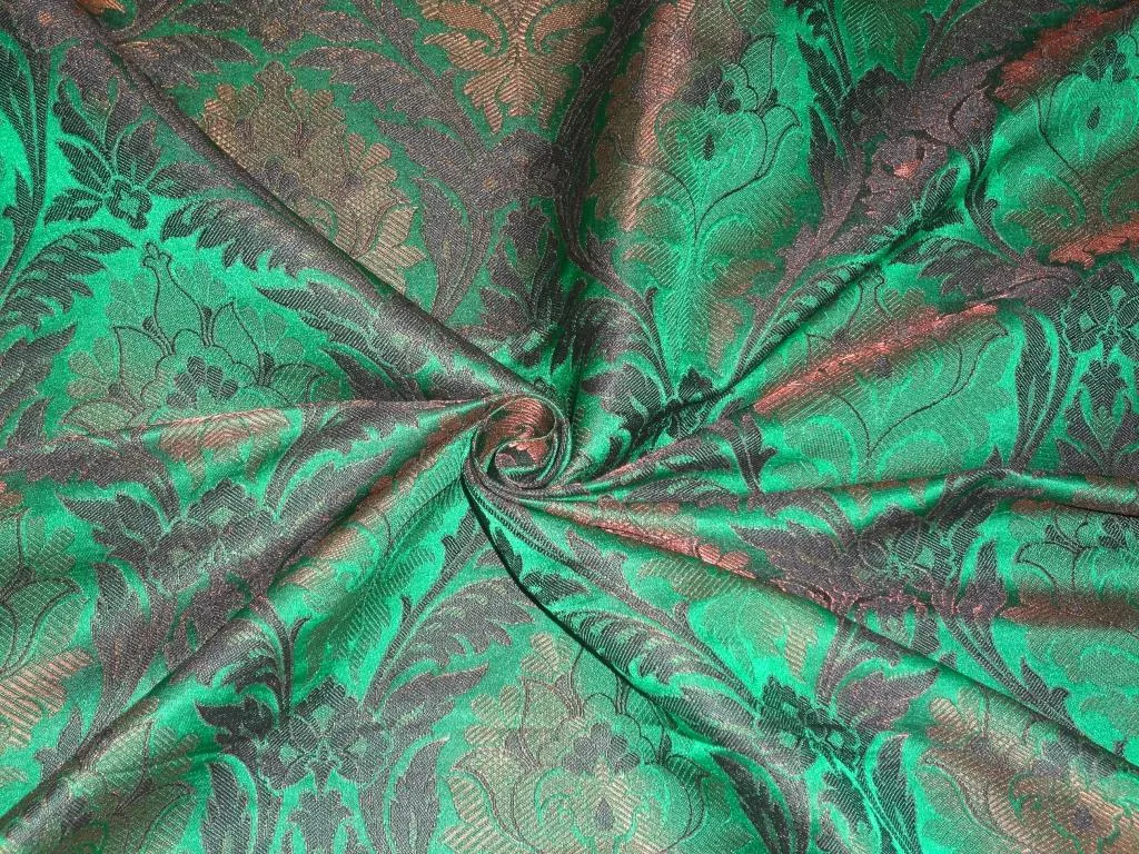 SILK BROCADE FABRIC Green,Black &amp; Metallic Bronze color