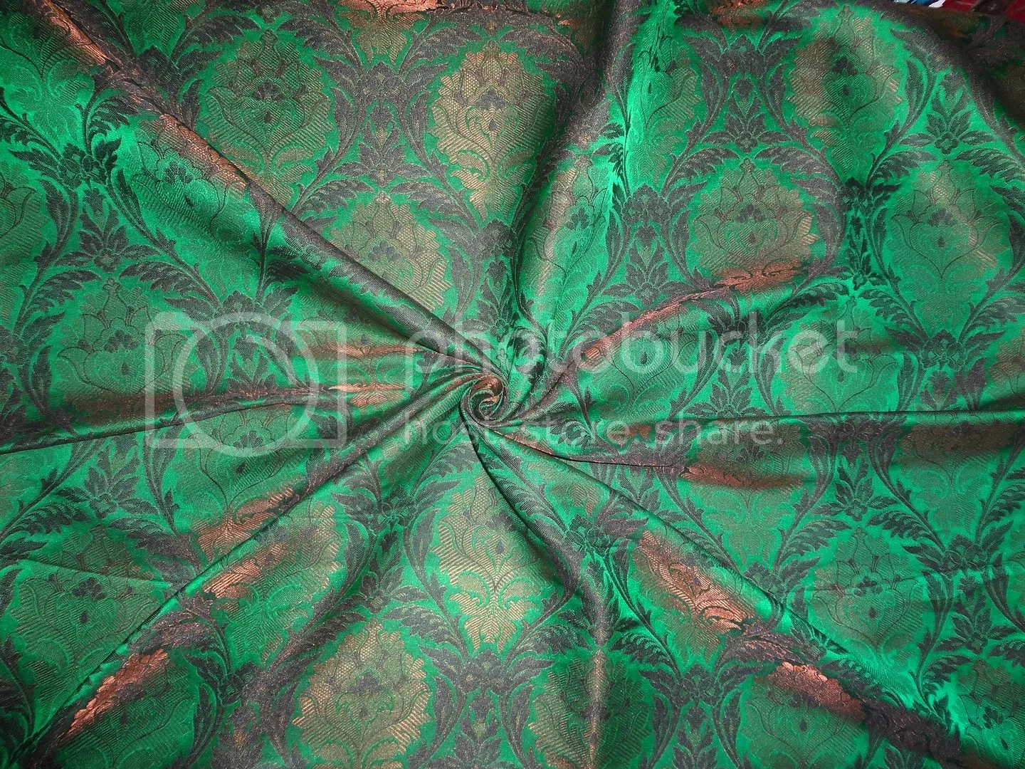 SILK BROCADE FABRIC Green,Black &amp; Metallic Bronze color