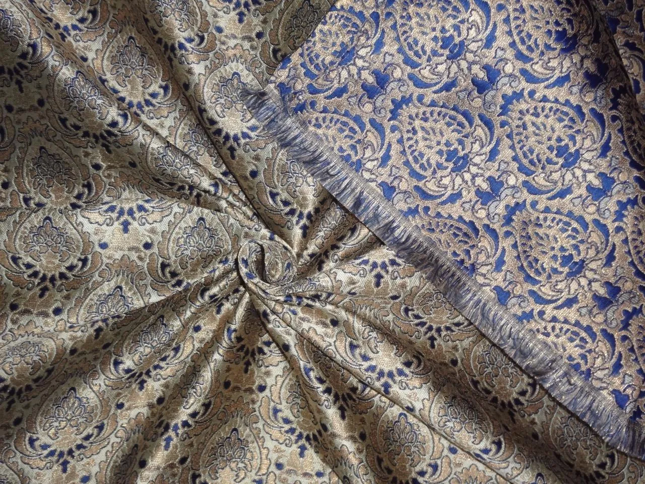 Silk Brocade Fabric light gold ,metalic gold and royal blue Color 44" wide BRO540[4] available on bulk preorder
