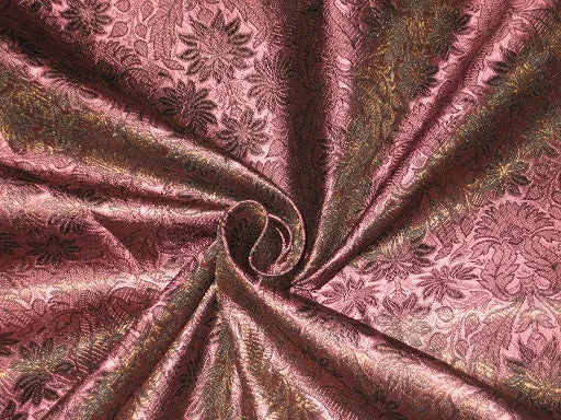 Silk Brocade fabric Rosette Pink,Black &amp; Metallic Gold Color 44" wide BRO186[2]