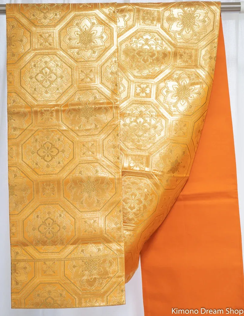 Silk Octagon Golden Fukuro Obi - Shiny Traditional Floral Japanese Kimono Belt