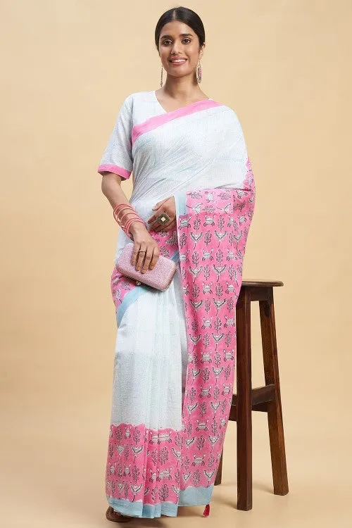 Sooti Syahi "Fiddler Pink Crab" Block Printed Cotton Saree