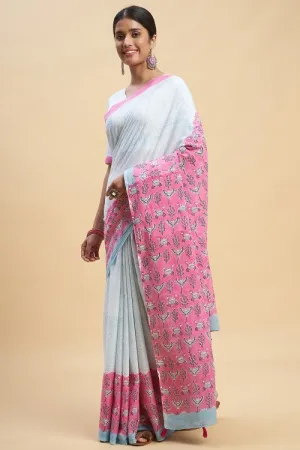 Sooti Syahi "Fiddler Pink Crab" Block Printed Cotton Saree