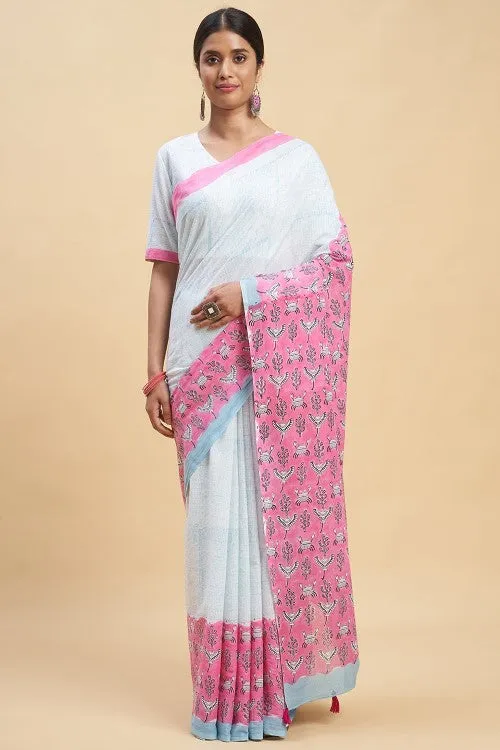 Sooti Syahi "Fiddler Pink Crab" Block Printed Cotton Saree