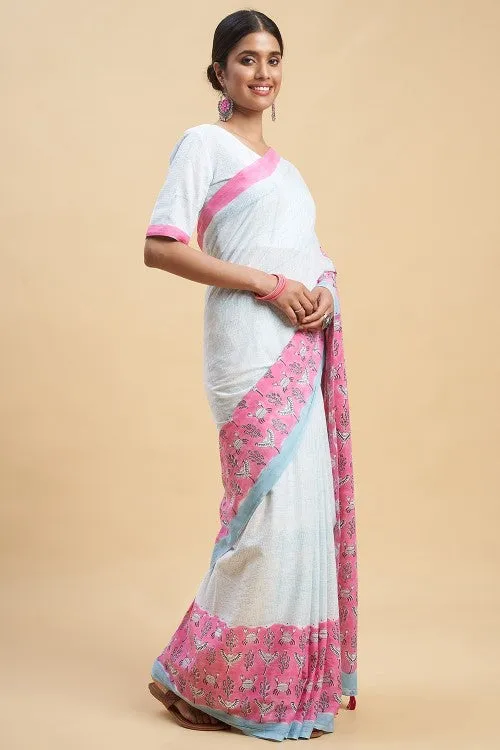 Sooti Syahi "Fiddler Pink Crab" Block Printed Cotton Saree