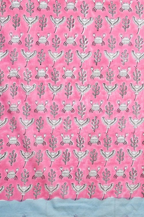 Sooti Syahi "Fiddler Pink Crab" Block Printed Cotton Saree