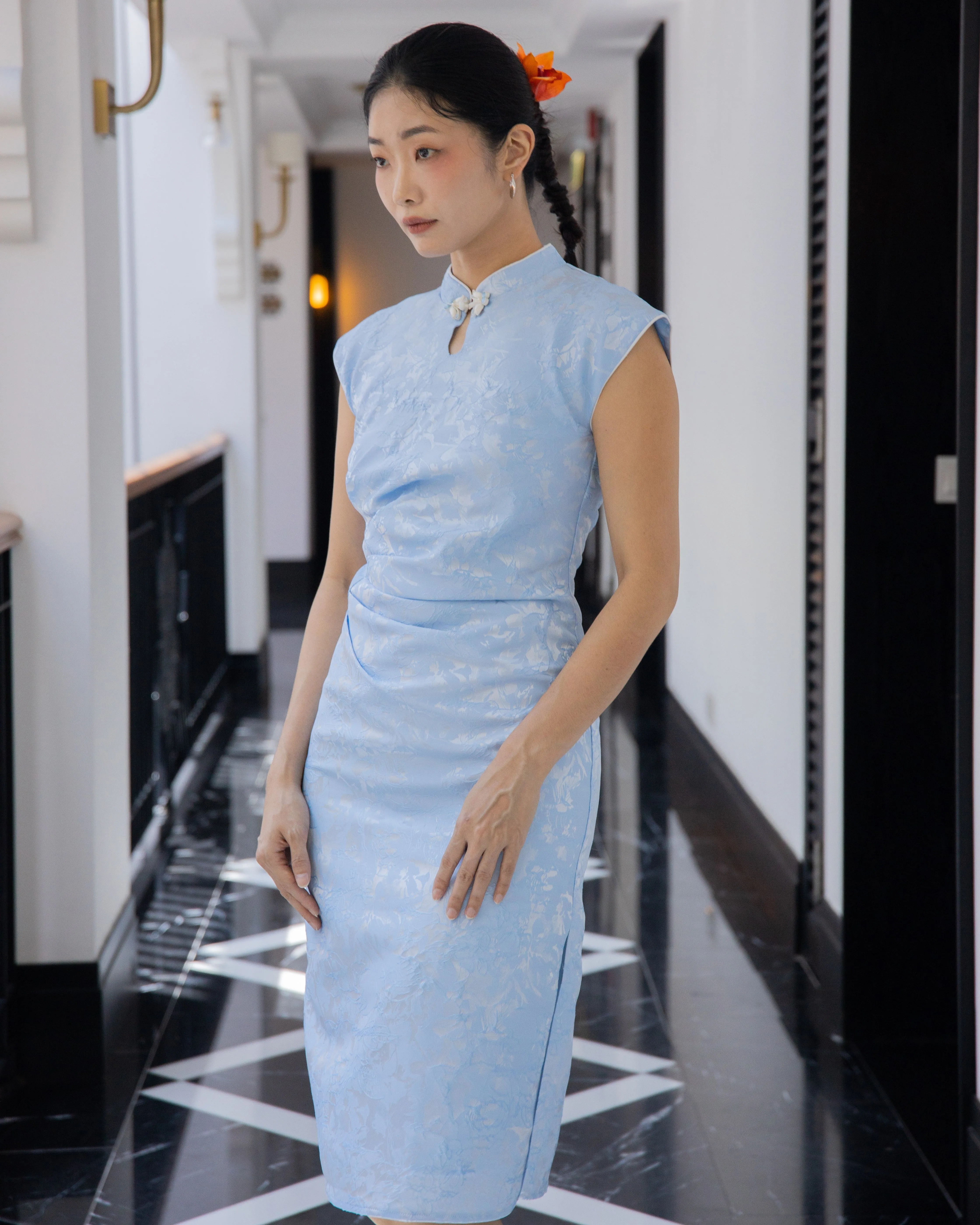 Spring Aura Embroidery Gathered Cheongsam Dress (Blue)