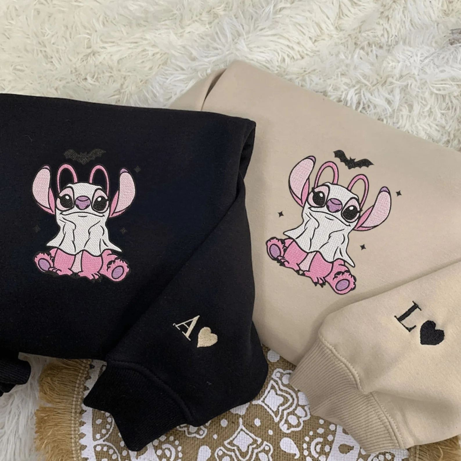 Stitch & Angel Ghost Matching Couple Hoodies – Custom Halloween Sweatshirts for Couples