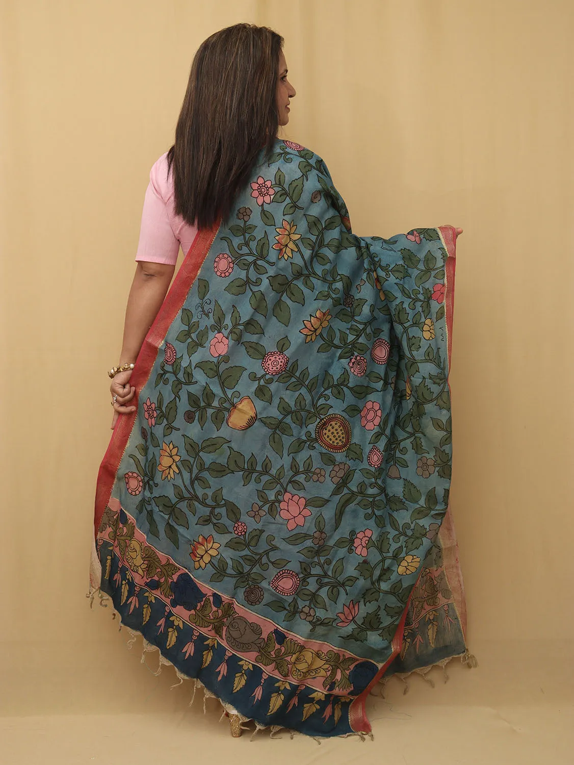 Stunning Blue Pen Kalamkari Pure Silk Dupatta - Perfect for Any Occasion!