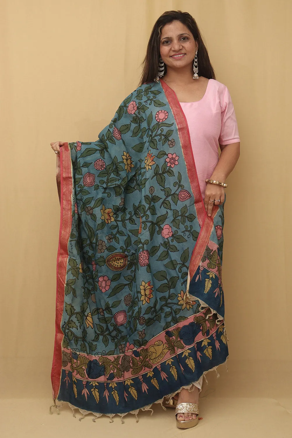 Stunning Blue Pen Kalamkari Pure Silk Dupatta - Perfect for Any Occasion!