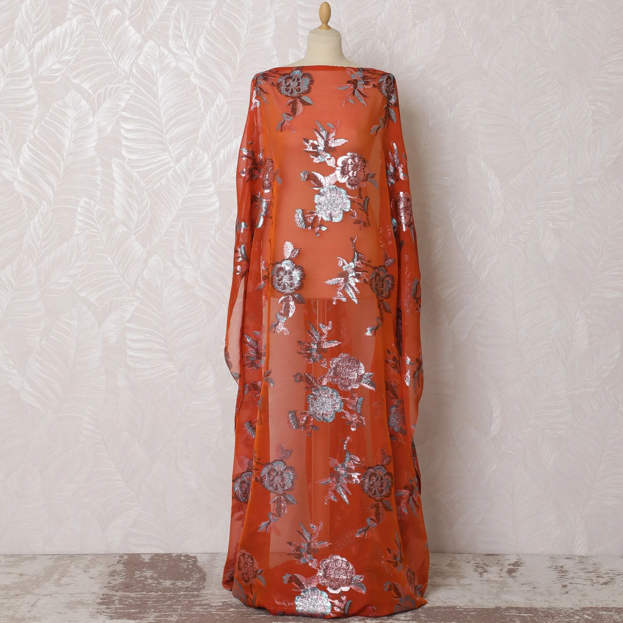 Traditional Rust-Red Silk Chiffon Dirac Fabric with Silver Lurex - 140cm, 3.5 Mtrs Piece - Purchase Online-D18206