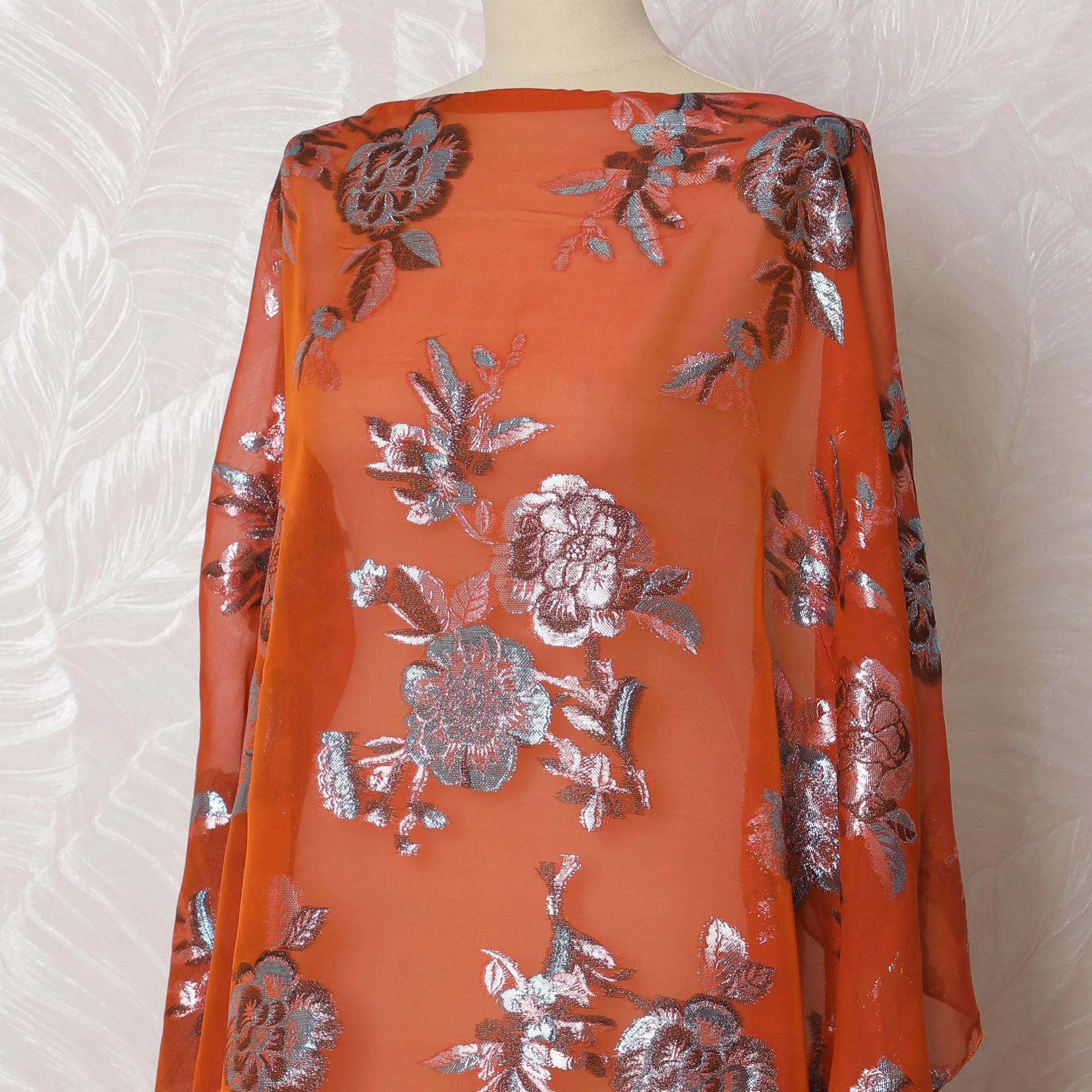Traditional Rust-Red Silk Chiffon Dirac Fabric with Silver Lurex - 140cm, 3.5 Mtrs Piece - Purchase Online-D18206