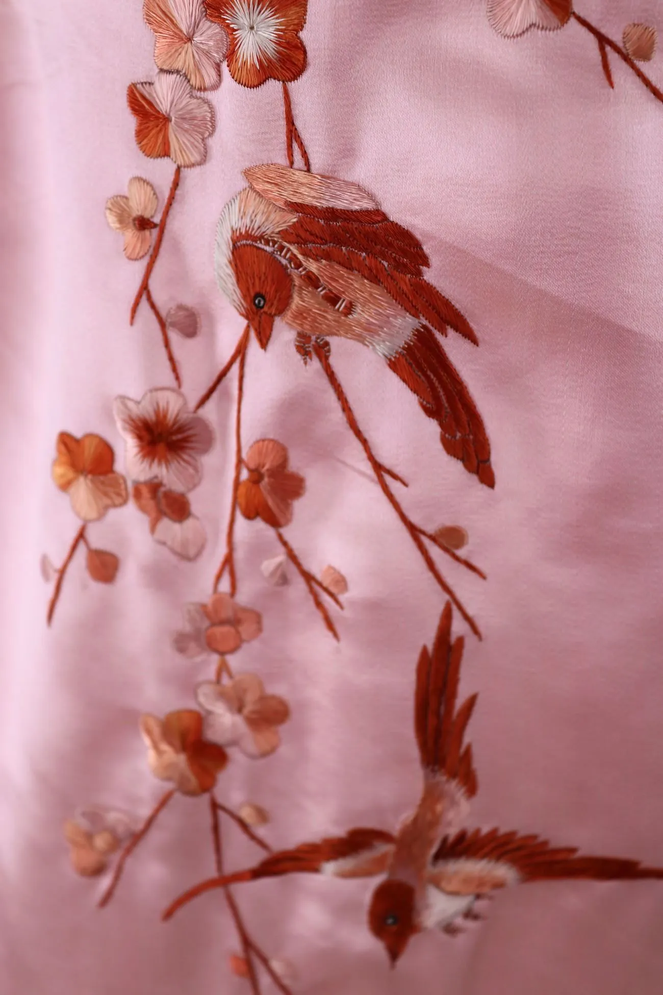 Vintage 1950s Pink Silk Satin Embroidered Qi Pao Mandarin Dress
